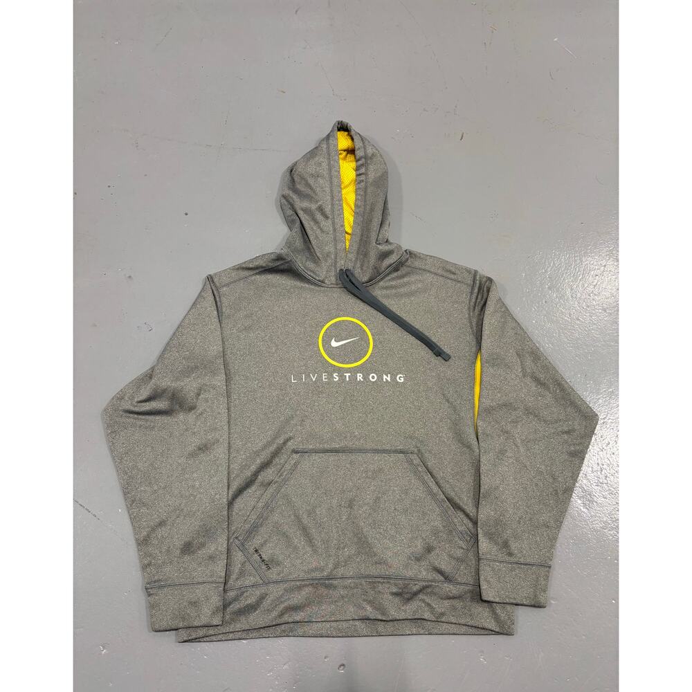 Nike Livestrong Hoodie Mens Large‎ Gray Yellow Therma-FIT Pullover Sweatshirt